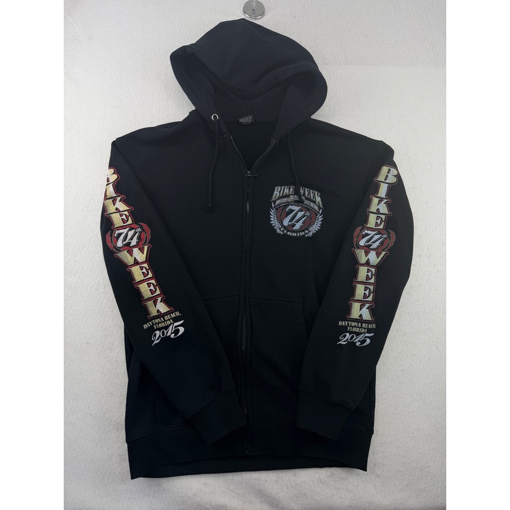 Daytona Beach Bike Week 2015 74th Anniversary Full Zip Hoodie Black Size M